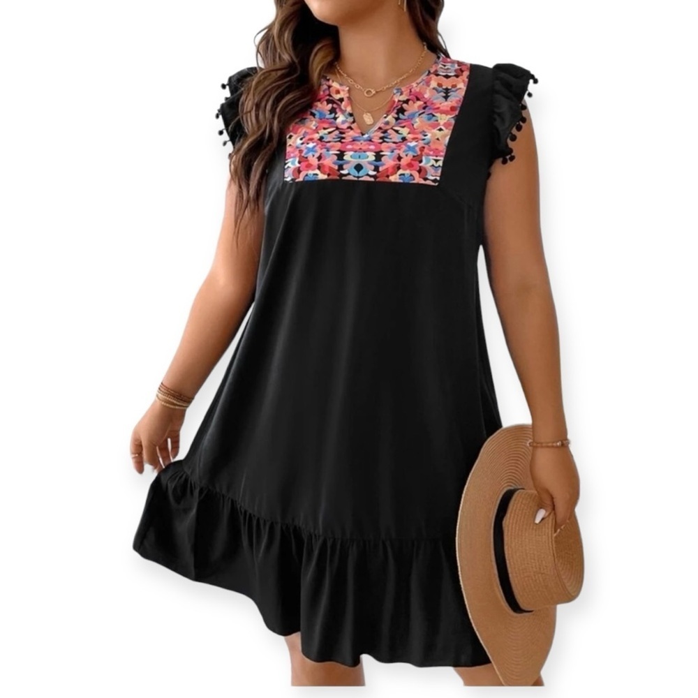 Kirundo sleeveless notch Otomi Mexican inspired embroidery a-line dress size M